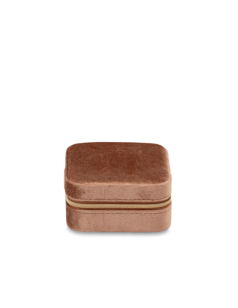 Mocha Velvet Square Jewellery Case- Peach