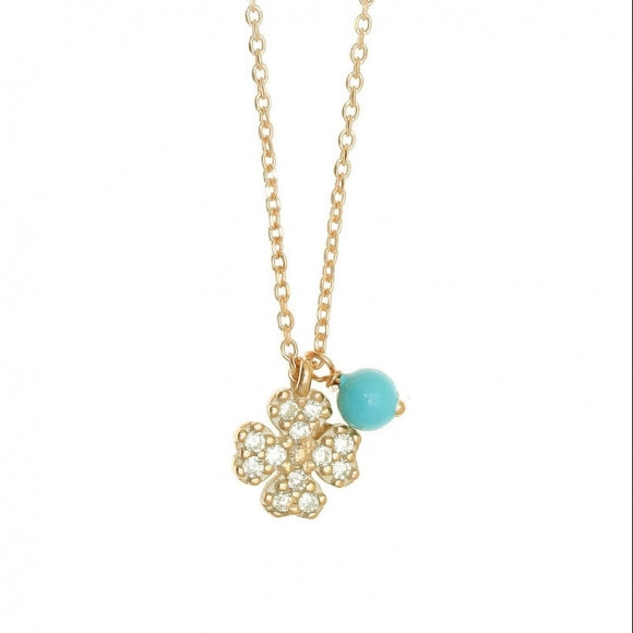 Gregio Simply Me/ Tiny Shiny Yg Necklace w/ Cz Clover & Turquoise Bead - Gold