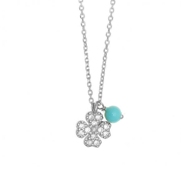 Gregio Simply Me/ Tiny Shiny Yg Necklace w/ Cz Clover & Turquoise Bead - Silver