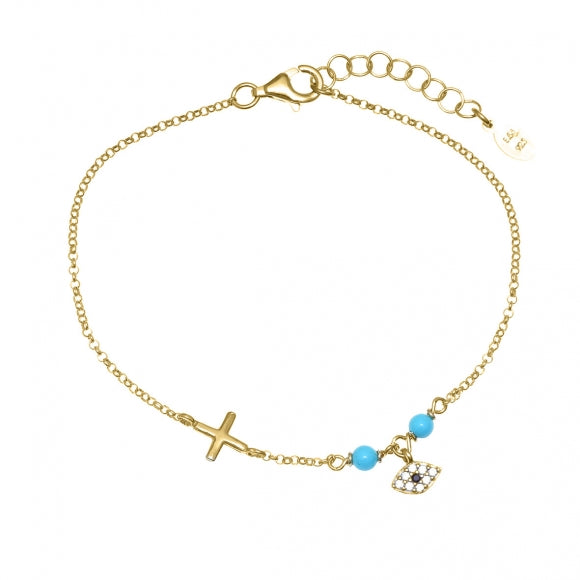 Gregio Simply Me/ Tiny Shiny Yg Bracelet W/ Cross, Cz Evil Eye and Turquoise Beads