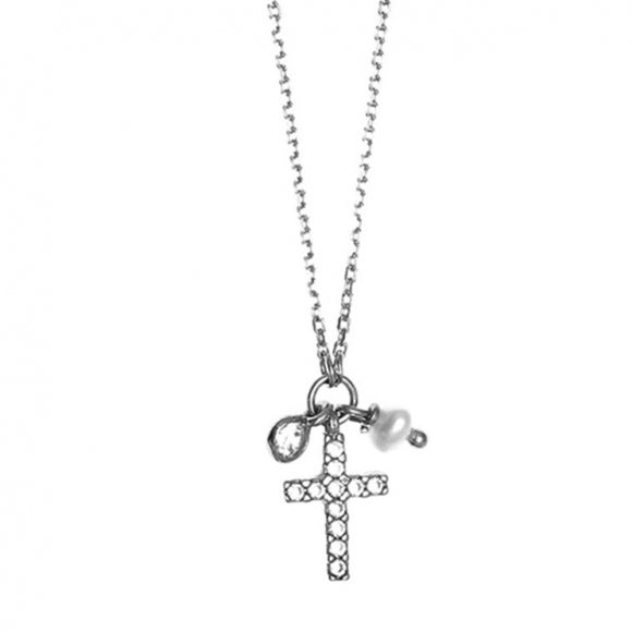 Gregio Simple Me/ Tiny Shiny Necklace w/ Cz Cross and Pearl Charm - Silver