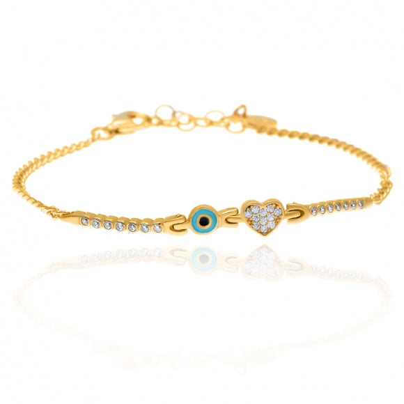 Gregio Simply Me/ Tiny Shiny Yg Bracelet w/ Cz Evil Eye & Heart - Gold