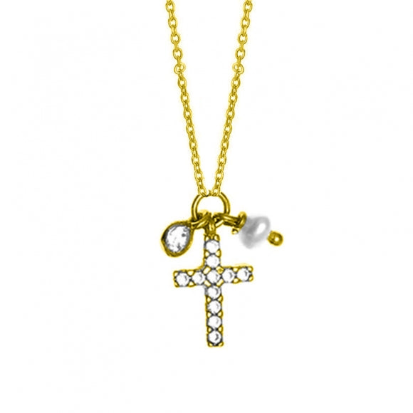 Gregio Simple Me/ Tiny Shiny Yg Necklace w/ Cz Cross and Pearl Charm - Gold