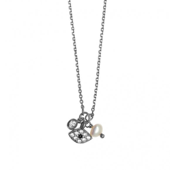 Gregio Simply Me/ Tiny Shiny Necklace w/ Cz Evil Eye and Pearl Charm - Silver