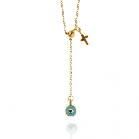 Gregio Simply Me/ Tiny Shiny Yg Necklace w/ Evil Eye and Cross Charm - Gold