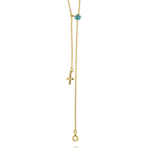 Gregio Simply Me/ Tiny Shiny Yg Necklace w/ Cross charm and Turquoise Bead - Gold