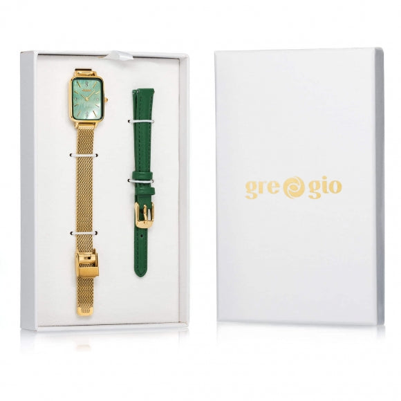 Gregio Watch Box Set- Yellow Gold/Green Face/Green Band