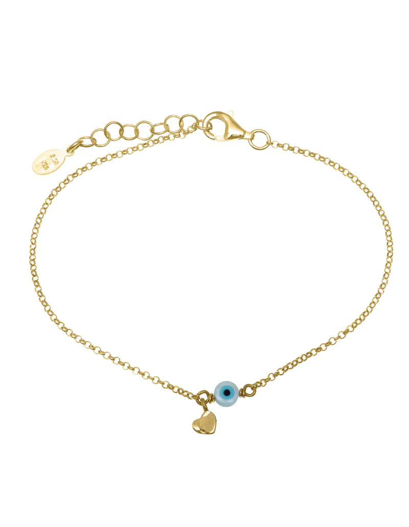 Gregio Tiny Shiny Bracelet w/ Heart & Evil Eye - Gold | Mocha Australia