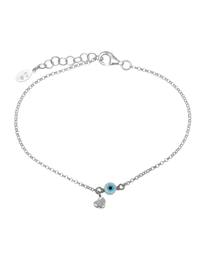 Gregio Tiny Shiny Bracelet w/ Heart & Evil Eye - Silver | Mocha Australia